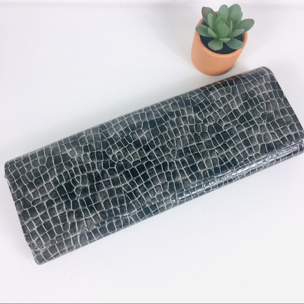 Grey Faux Croc Fold-Over Clutch Handbag